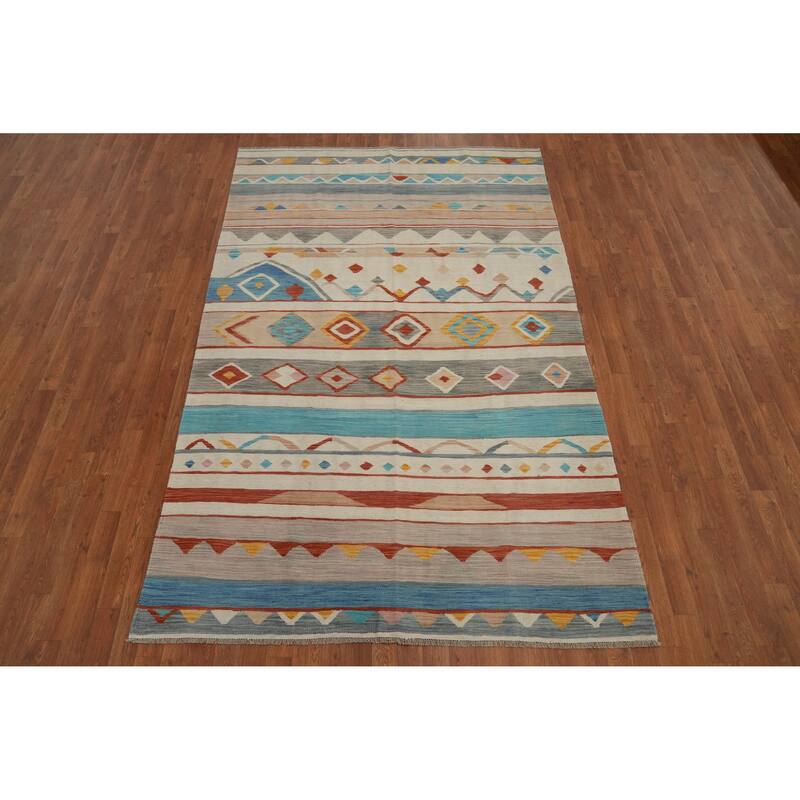 Hand Woven Oriental 100% Wool Carpet Southwestern Tribal Beige & Ivories Kilim Area Rug - 8' 10'' X 5' 7''