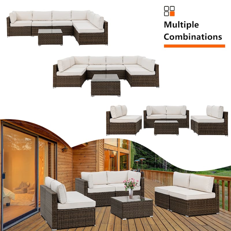 COSIEST 7-Piece Outdoor Patio Sectional Wicker Sofa With Coffee Table