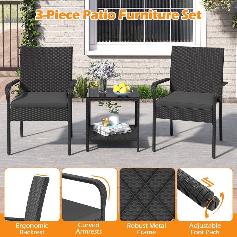 Gymax 3 Piece Patio Furniture Set Outdoor Wicker Chair & Table Set w/