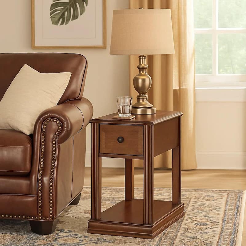 Chair Side End Table with 1 Drawer and Open Bottom Shelf, Brown