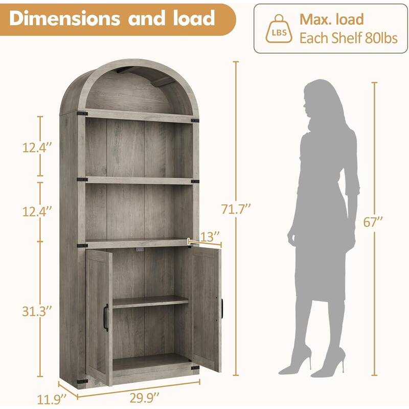 71.65" Tall Farmhouse 3-Tier Arched Bookcase, Display Storage Shelf - N/A