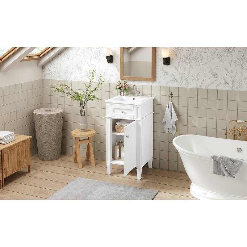 16" Bathroom Vanity with Ceramic Sink, Freestanding Single Vanity Set with Soft Closing Door, Adjustable Shelf, French Style