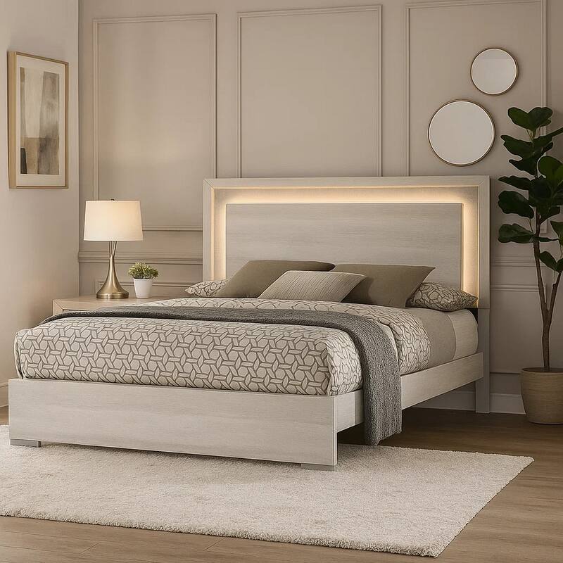 Nomi Queen Size Bed w LED on Headboard, Antique White Wash Finsih