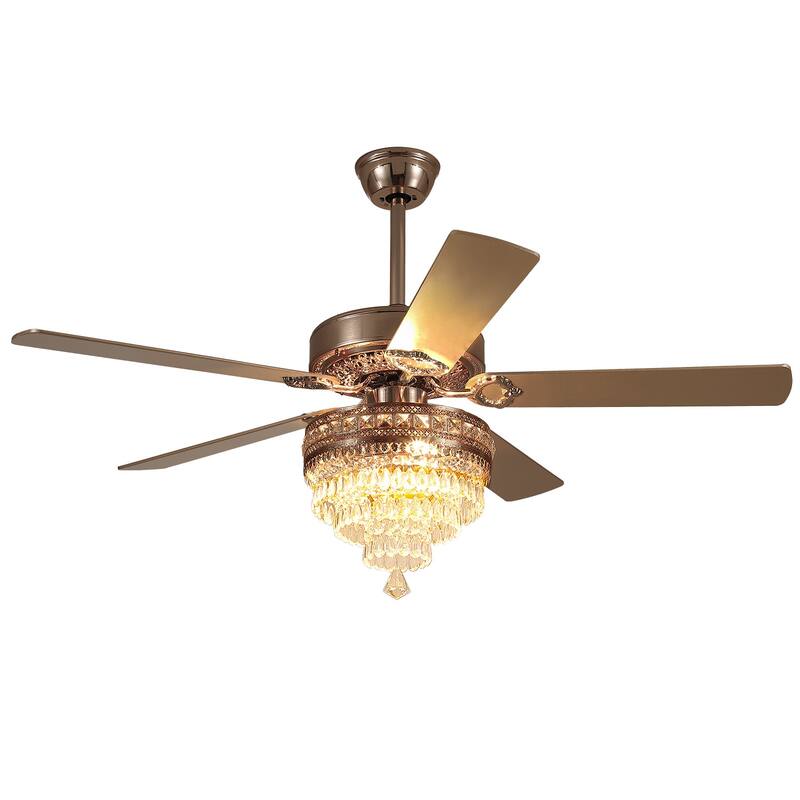 52 Inches Crystal Ceiling Fan Light,Chandelier,APP and Remote Control,5 Dual Side Plywood Blades,Reversible AC Motor - 52 Inches