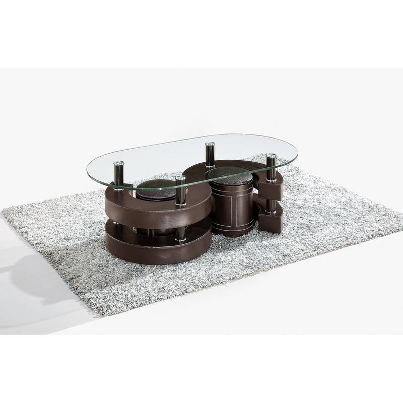 3 Pcs Oval Coffee Table Set with Tempered Glass Table 2 Leather Stools