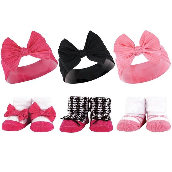 slide 1 of 1, Hudson Baby Infant Girl Headband and Socks Giftset, Pink Black, One Size - Pink Black Pink Black - One Size