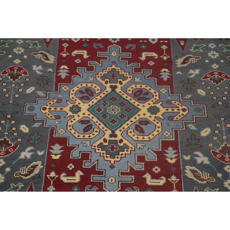 Geometric Grey Kazak Area Rug Handmade Wool Carpet - 8'9"x 11'7"