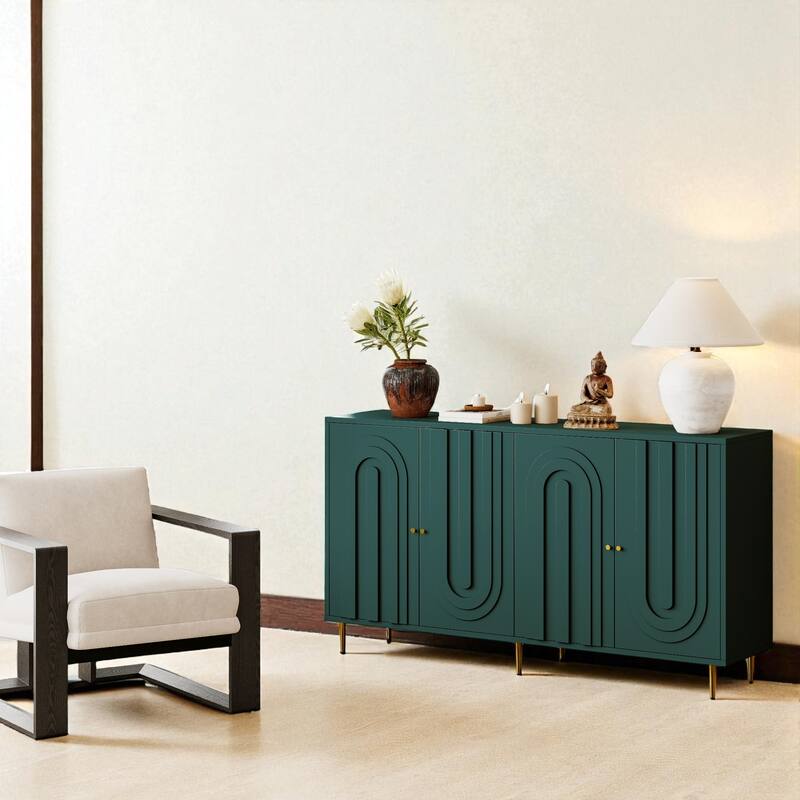 Modern Lacquered 4-Door Sideboard Buffet Cabinet with Adjustable Shelves and Gold Metal Legs, MDF Storage Cabinet.