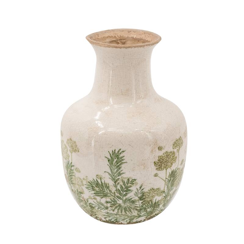 6.9x6.9x10" White Ceramic Vase With Green Floral Motif