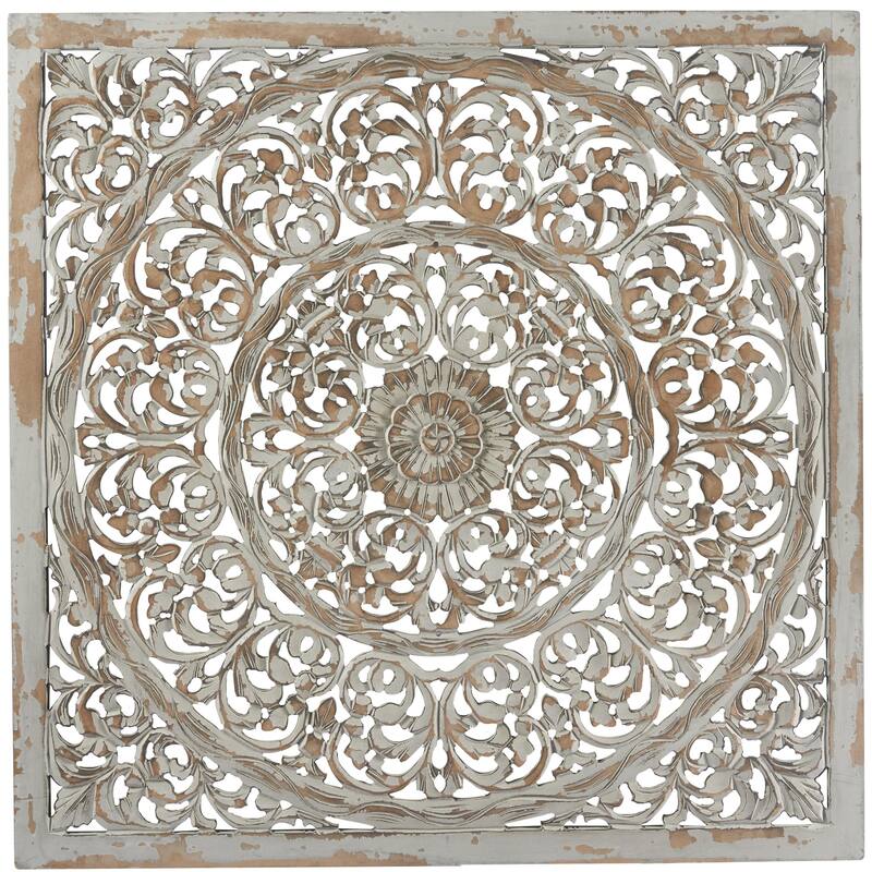 Wooden Floral Handmade Carved Scroll Mandala Home Wall Decor with Brown Distressing - Gray - Roche River Decor - Gray