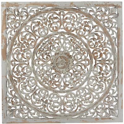 Wooden Floral Handmade Carved Scroll Mandala Home Wall Decor with Brown Distressing - Gray - Roche River Decor