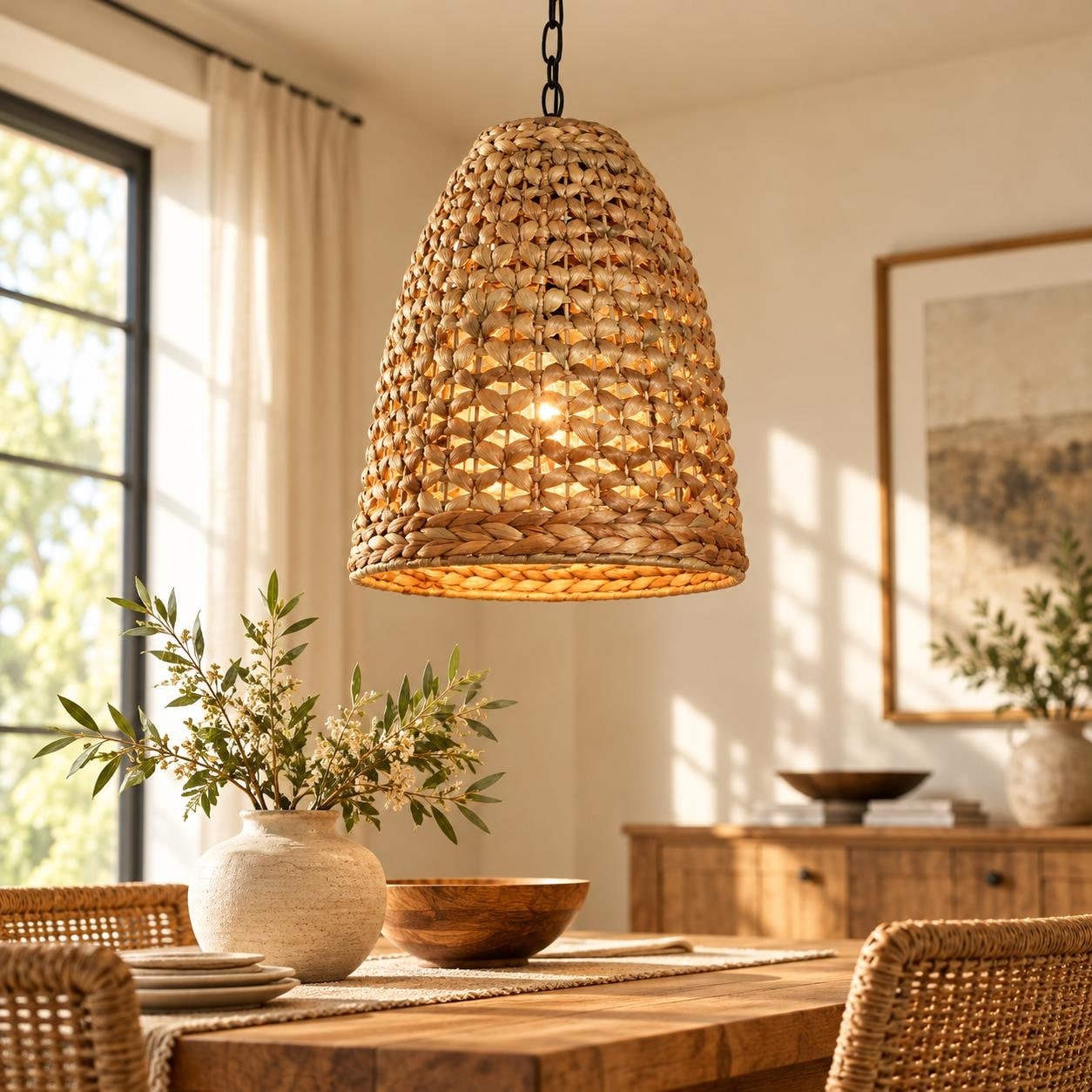 LALUZ 1-Light Rattan Pendant Light Handwoven Kitchen Island Light - D 13" x H 15.3"