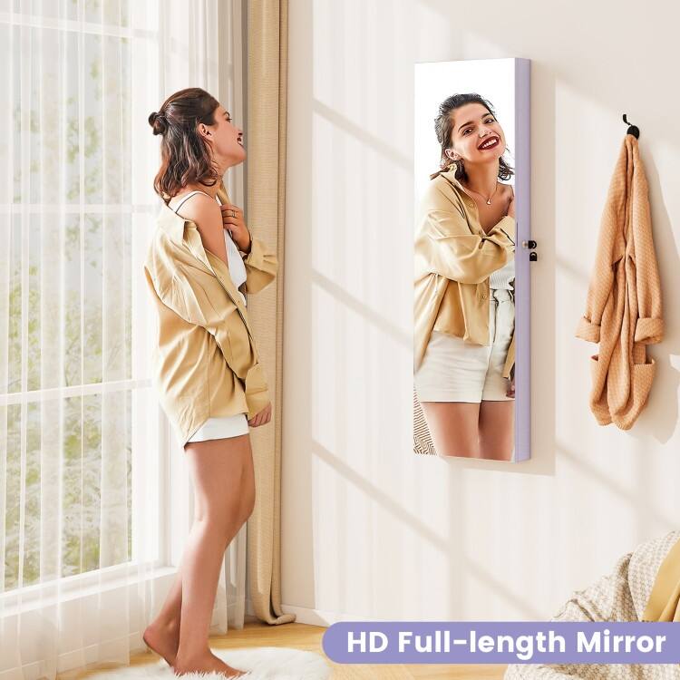 LED Lights Wall and Door Mounted Jewelry Storage Lockable Cabinet with Full Length Mirror - 14" x 4" x 54.5" (L x W x H)