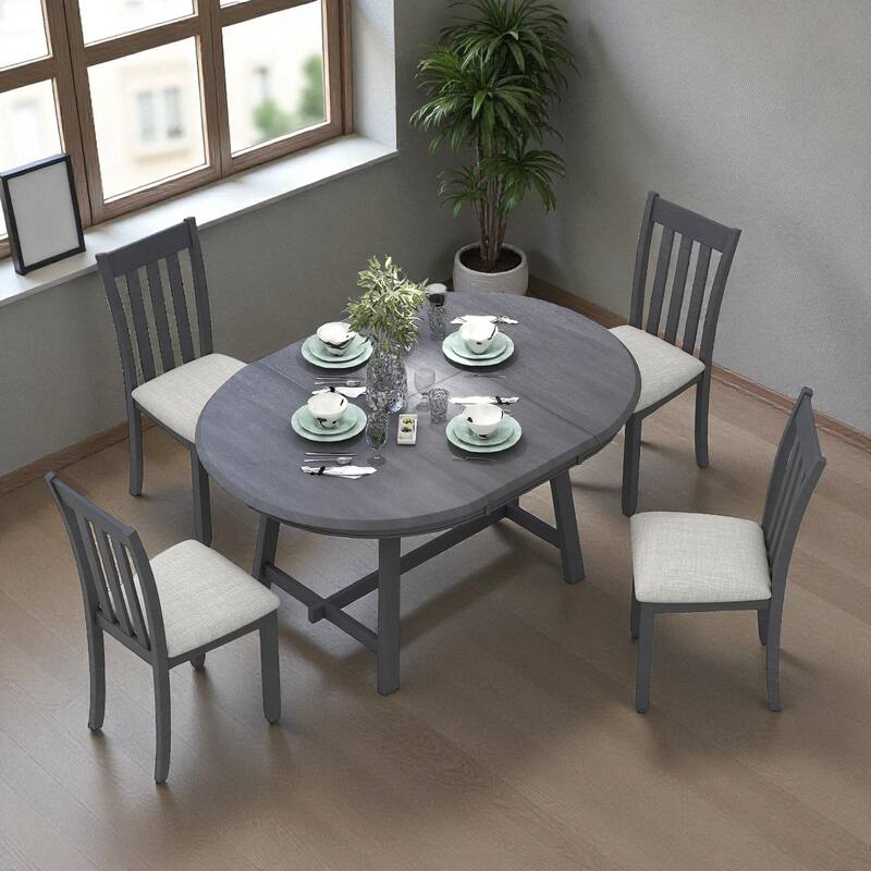 5-Piece Round Extendable Dining Table Set, 41.4"-56.6" Wood Table with 4 Upholstered Chairs for Dining Room