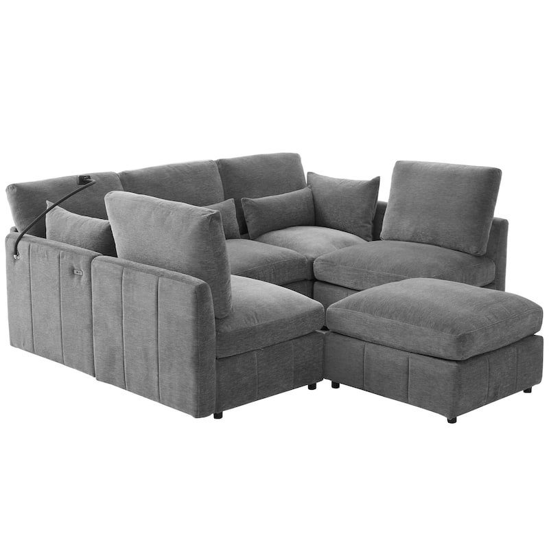 Modular Sectional Sofa with Movable Ottoman Convertible L-Shape or U-Shape Sofa Bed Built-in USB Charging Ports and Phone Holder