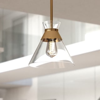 Harper 1L Gold Brass Mid-Century Modern Pendant Light Clear Glass - 8.5-in W x 19.25-in H x 8.5-in D
