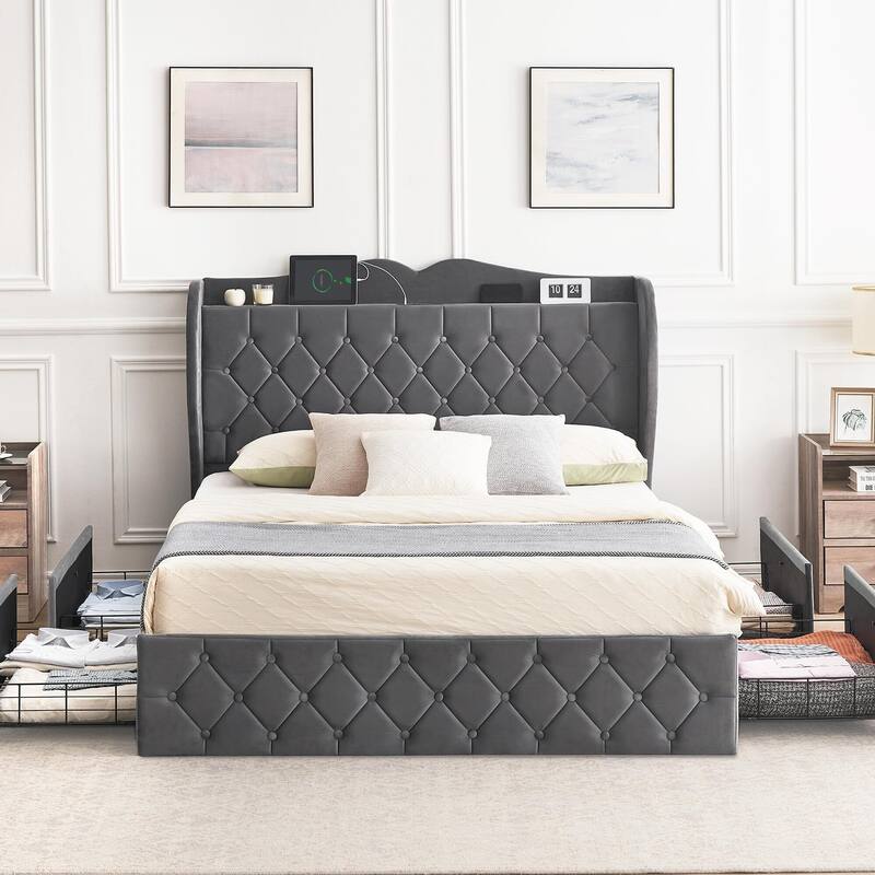 Queen Bed Frame with 4 Storage Drawers