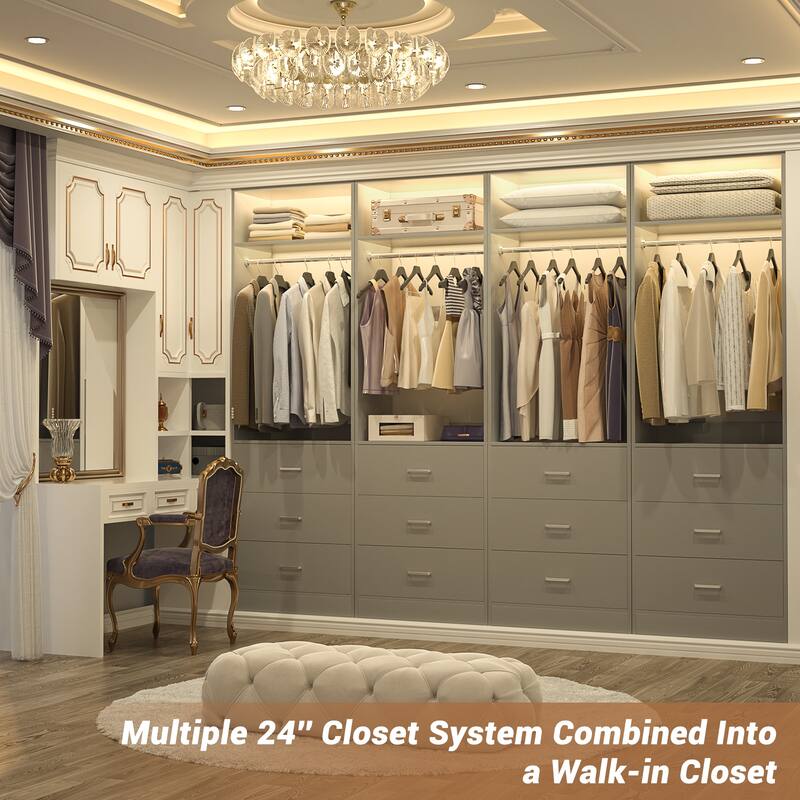 Kyrvo Freestanding Closet Sytem with 3 Wooden Drawers and Hanging Rod and Storage Shelf, Walk-in Closet Organizer Wardrobe
