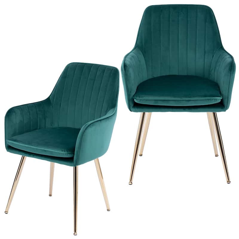 Velvet Dining Chair Set of 2 - Modern Mid-Back Accent Chairs with Gold Plated Legs - Upholstered for Living Room (Set of 2) - Green