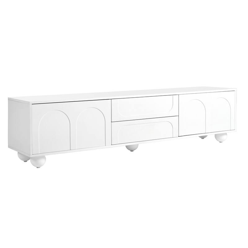 Cream Style TV Stand with Arched Doors and 2 Drawers, for TVs Up to 75" - 69.6" W × 15.7" D × 17.7" H - White