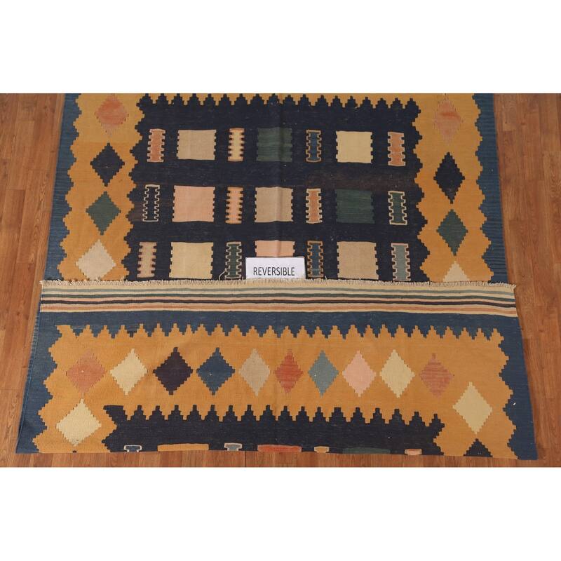 Navy Blue Kilim Persian Area Rug Flatweave Wool Carpet - 6'6"x 9'11"