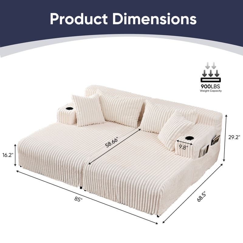 Mixoy 85"Movable Double Chaise Lounge Sofas,Loveseat with Cup Holder,Side Pockets,2 Pcs Oversized Single Sleeper Sofa Chair