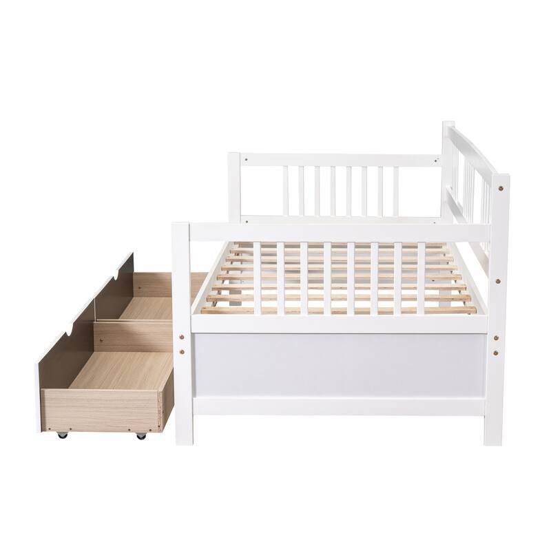 Twin Size Daybed Wood Bed with Two Drawers, White