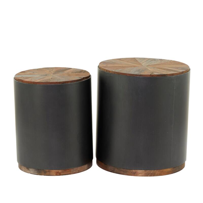 Black Metal Rustic Accent Table with Brown Wood Top (Set of 2) On