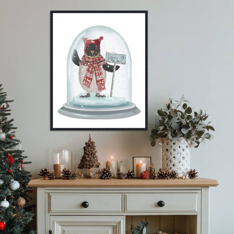 Christmas Penguin Snow Globe by Fab Funky (23 x 28 in.), Framed Canvas Wall Art Print - Sylvie Beaded Black
