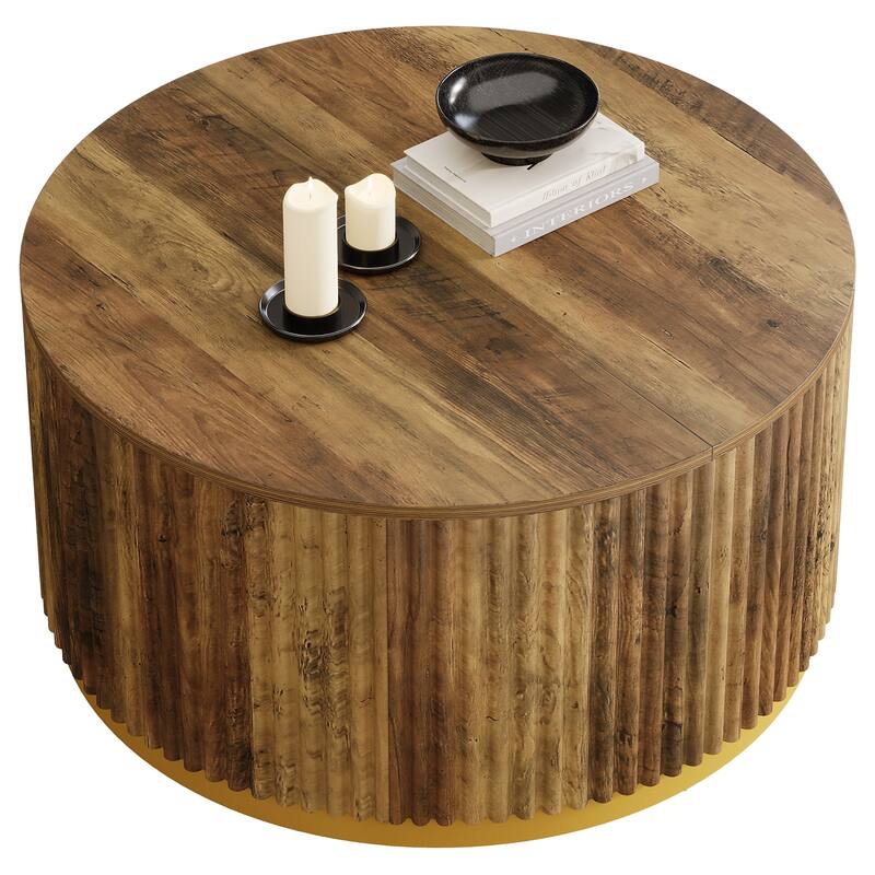 Round Coffee Table, Fluted Wooden Center Table, Mid Century Modern Table for Living Room or Office