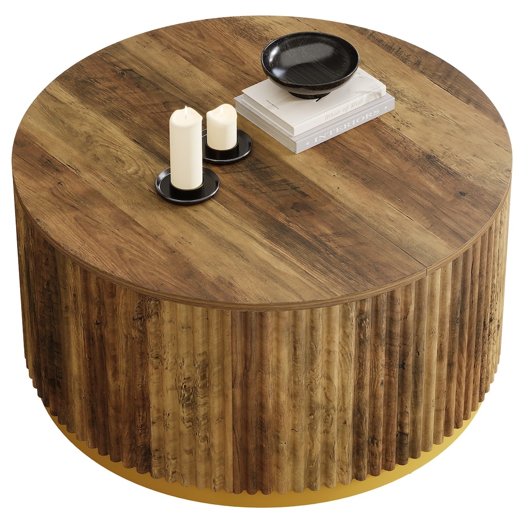 Round Coffee Table with Sturdy Base, 31.5" Fluted Wooden Center Table