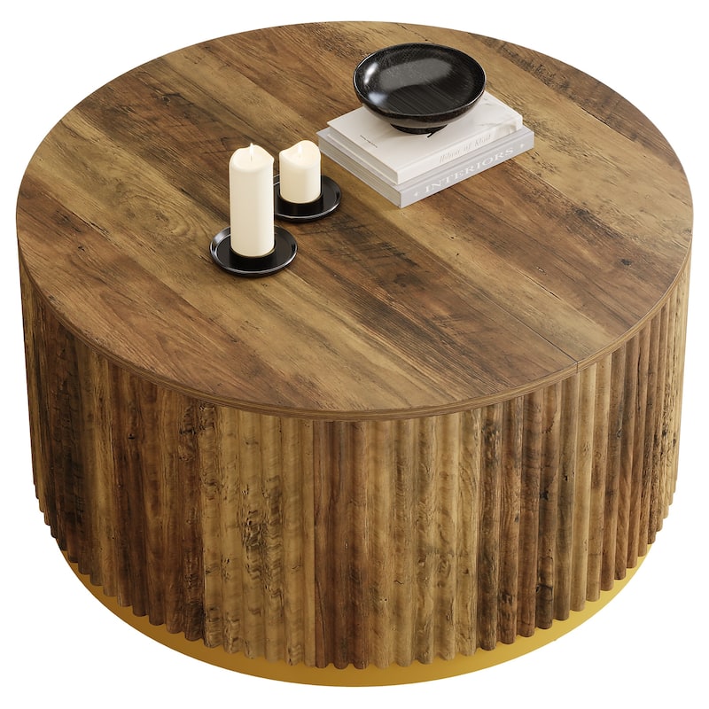 Round Coffee Table with Sturdy Base, 31.5" Fluted Wooden Center Table