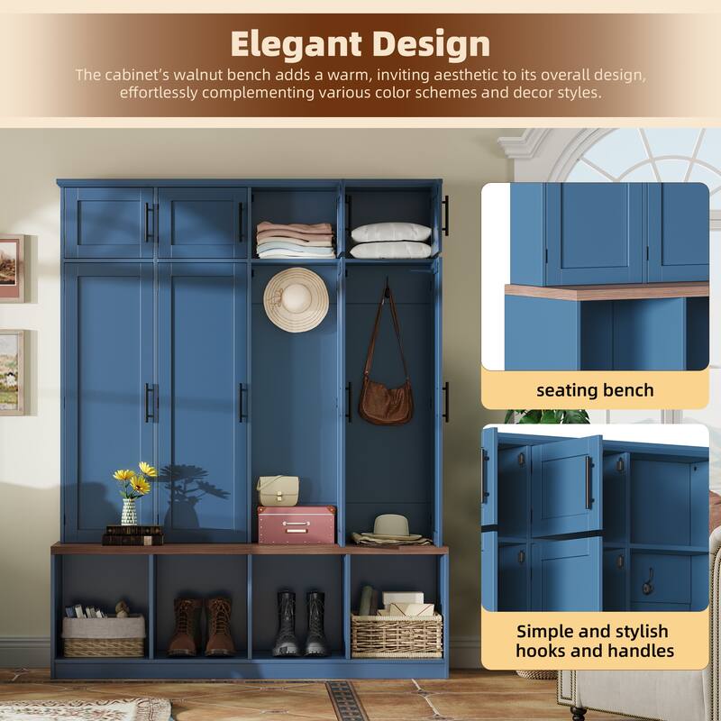 Roomfitters Farmhouse Hall Tree, 4 Hidden Hooks, Walnut Bench with 8 Doors, Entryway Shoe Cabinet