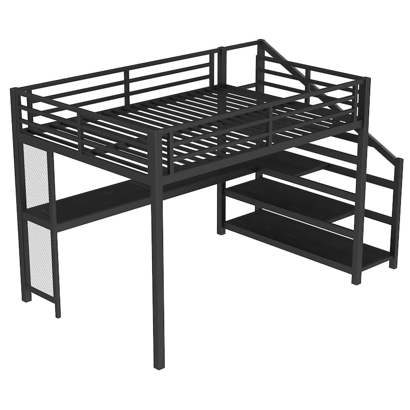 Stairs Loft Bed Queen Size Bed Frame with Built-in Desk, Side Net Board, LED Lights, USB Ports and Storage Shelves