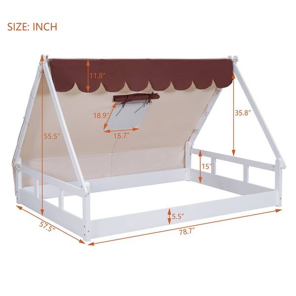 dimension image slide 1 of 2, White and Brown Full Size Wooden Tent Bed with Fabric, Platform with Fence and Roof
