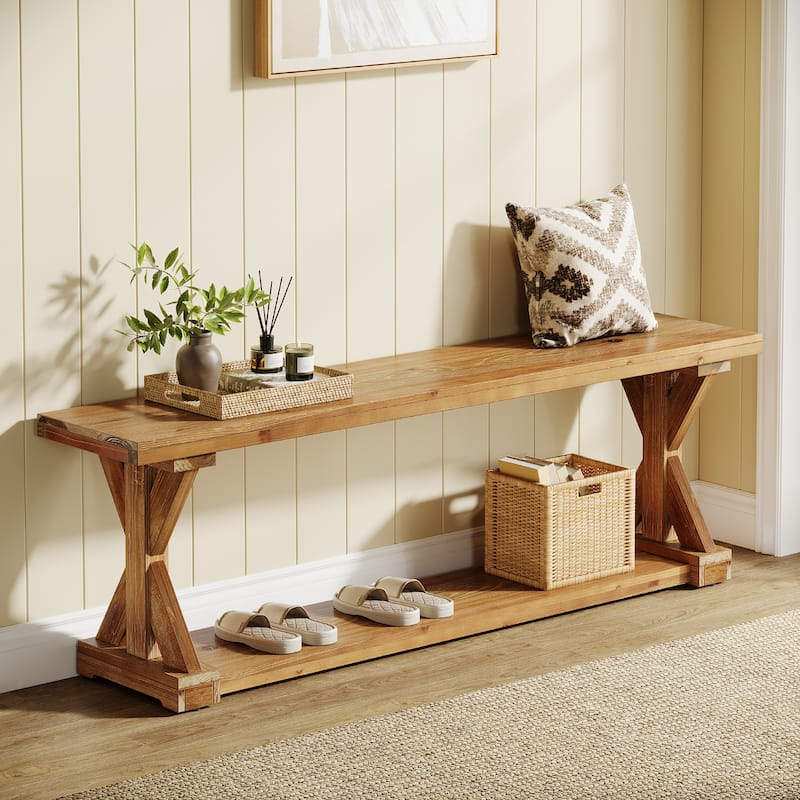 59 Inch Solid Wood Entryway Shoe Bench with Storage Shelves, Farmhouse Style - 59.06" W x 11.81" D x 17.72" H - Natural Brown