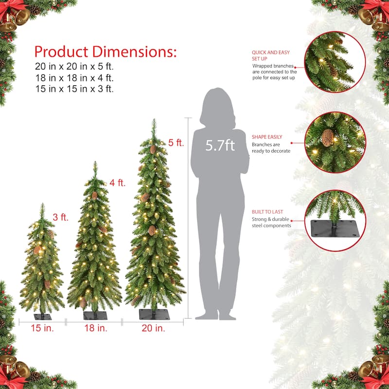Puleo International Set of 3, Pre-lit 3 ft. 4 ft. and 5 ft. Artificial Christmas Alpine Trees