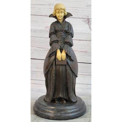 Victorian Era Woman Holding A Book Bronze Sculpture Statue On Marble Base