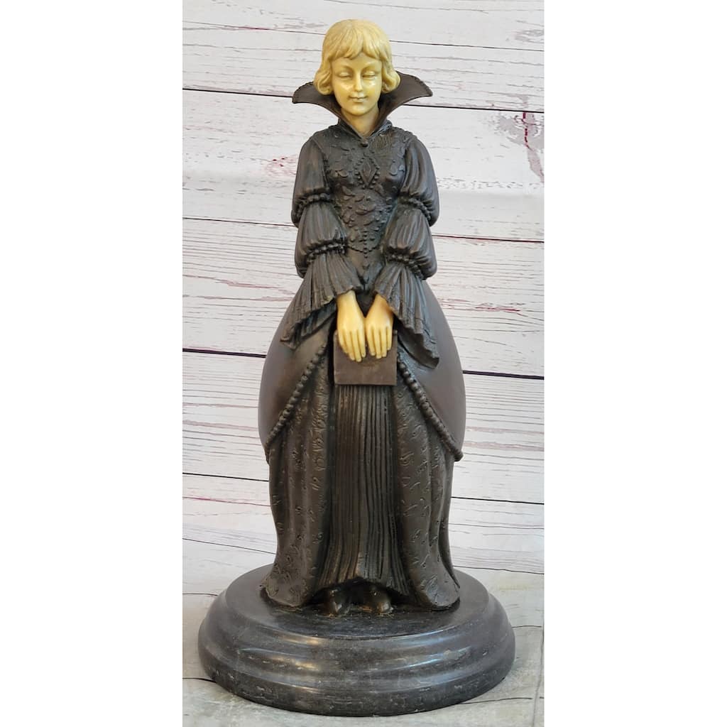 Victorian Era Woman Holding A Book Bronze Sculpture Statue On Marble Base