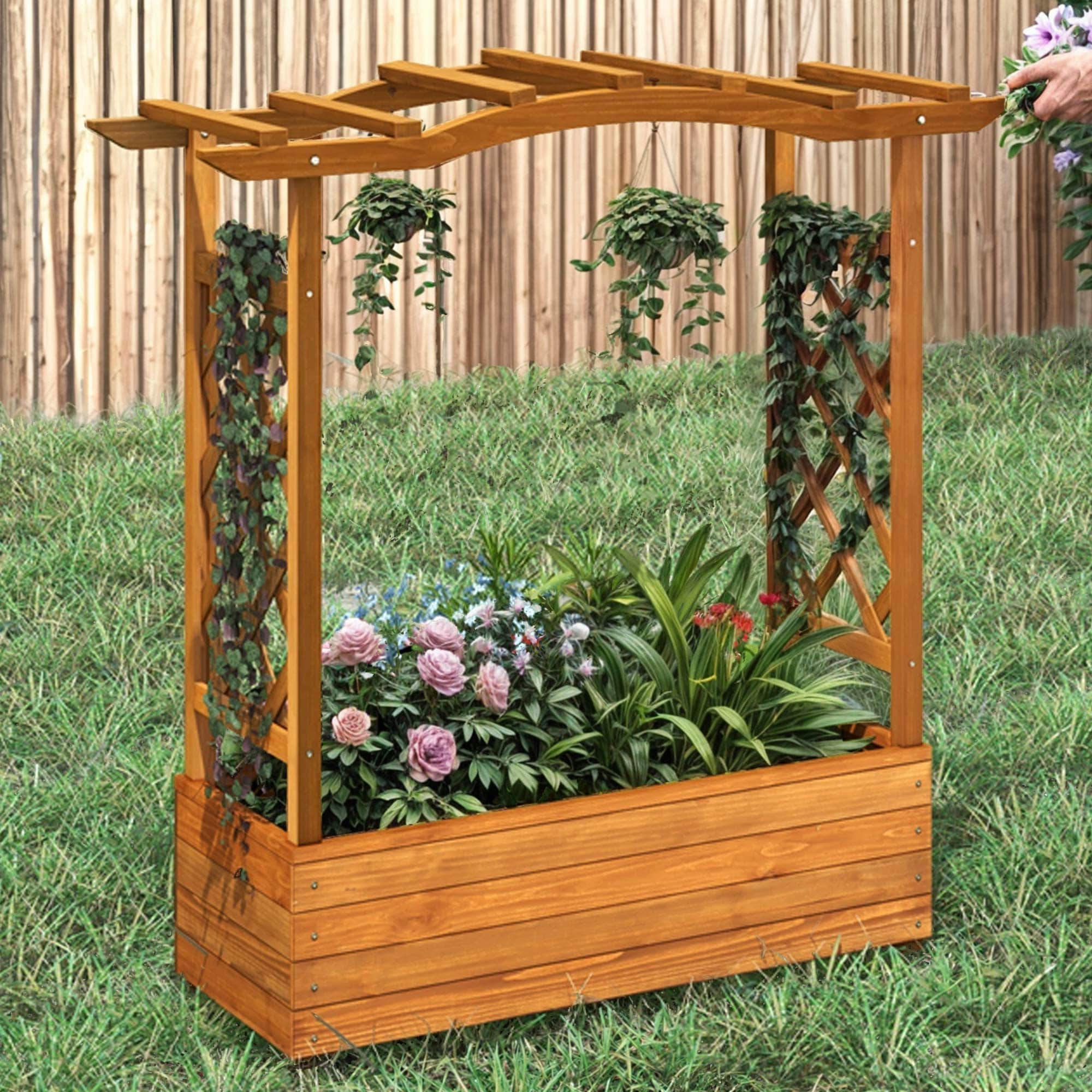 Moasis Outdoor Wood Planter Box with Arch Trellis