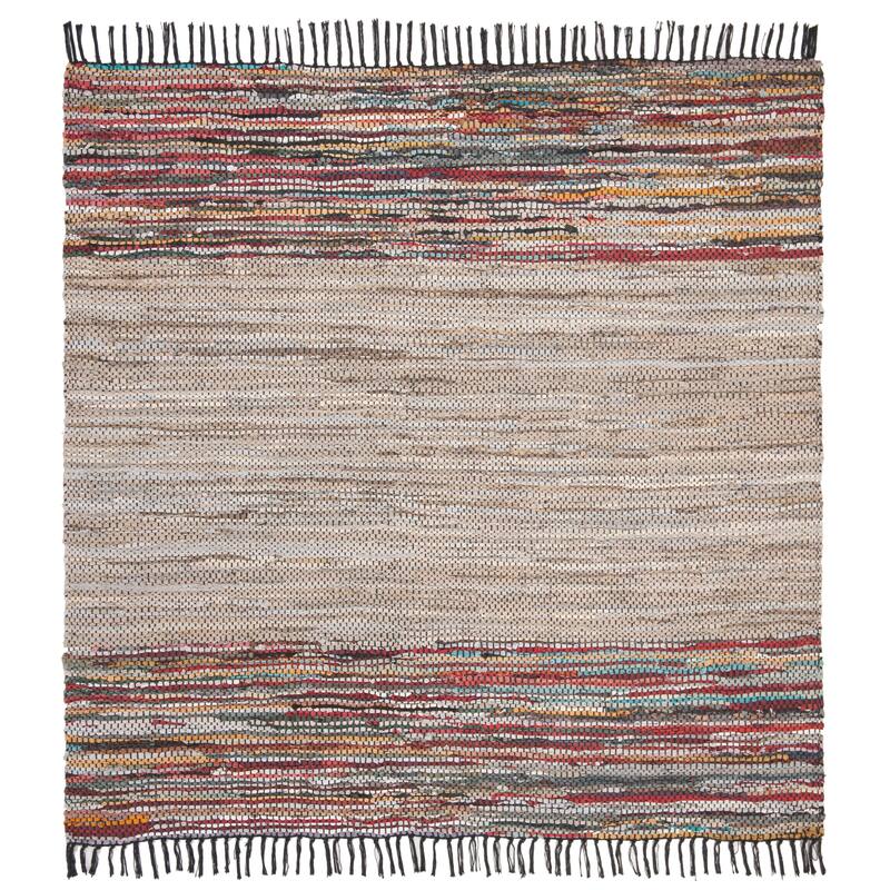 SAFAVIEH Handmade Vintage Boho Leather Andria Modern Stripe Leather - 6' x 6' Square - Beige/Multi - Square/Runner