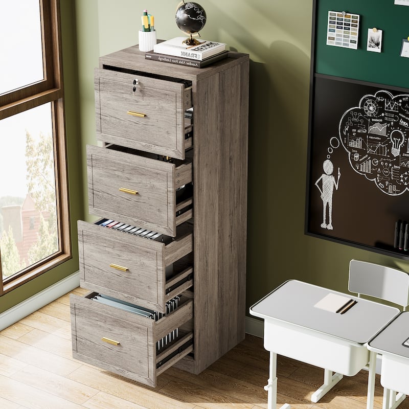 Vertical File Cabinet with 4 Drawers, Lockable Filling Cabinet with Key for Home Office - Grey