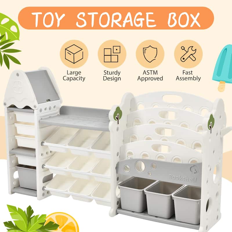 Roomfitters Bookshelf Organizer with 17 Bins and 5 Shelves, Multi Functional Storage Cabinet for Home