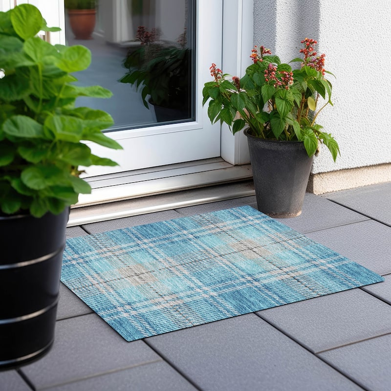 Machine Washable Indoor/ Outdoor Chantille Plaid Cozy Rug - Teal - 1'8" x 2'6"