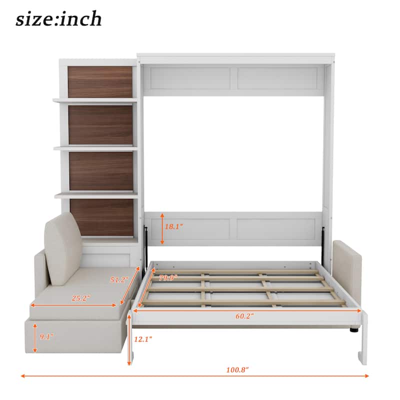 Queen Size Murphy Wall Bed with Sofa and Shelves, Space-Saving Fold Down Bed with Storage, Piston Lift Mechanism