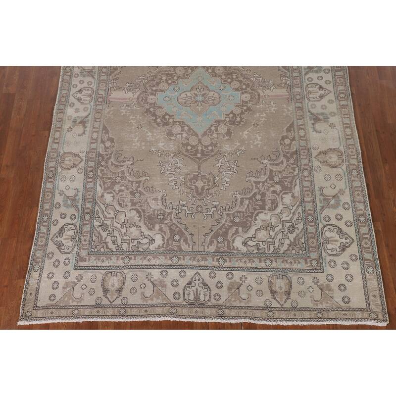 Distressed Beige Tabriz Persian Vintage Rug Handmade Wool Carpet - 6'5"x 9'7"