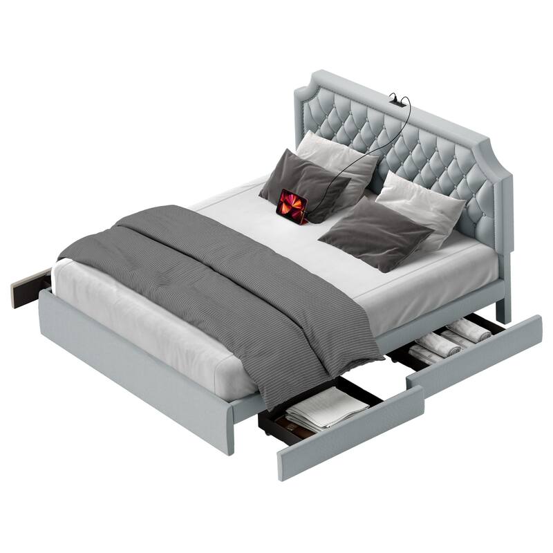 Moasis Velvet/Linen Upholstered Bedframe with Adjustable Headboard and 4 Storage Drawers