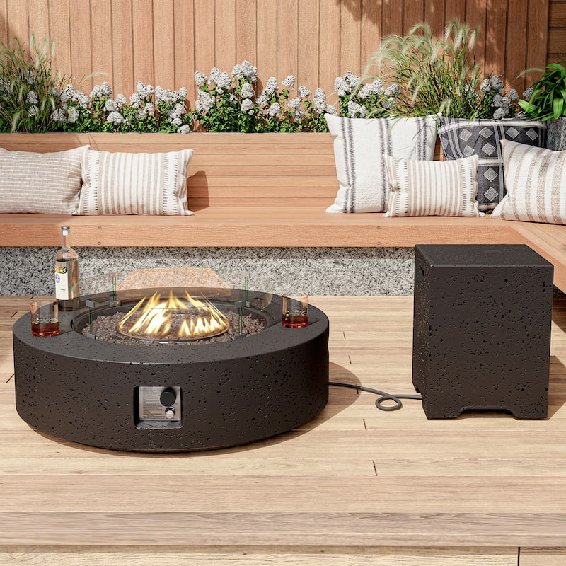 SUNBURY Round Outdoor Propane Fire Pit w Wind Guard and Tank Cover