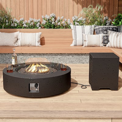 SUNBURY Round Outdoor Propane Fire Pit w Wind Guard and Tank Cover