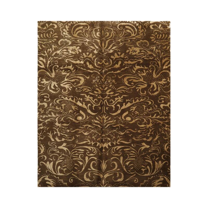Hand Knotted Olive Tibetan Wool & Silk Transitional Oriental Area Rug - 8' x 10'